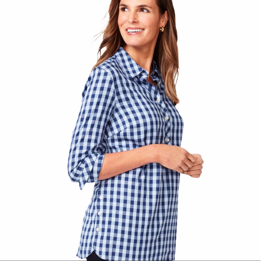 Talbots Gingham Popover Tunic Button Side Blouse - Picture 3 of 16